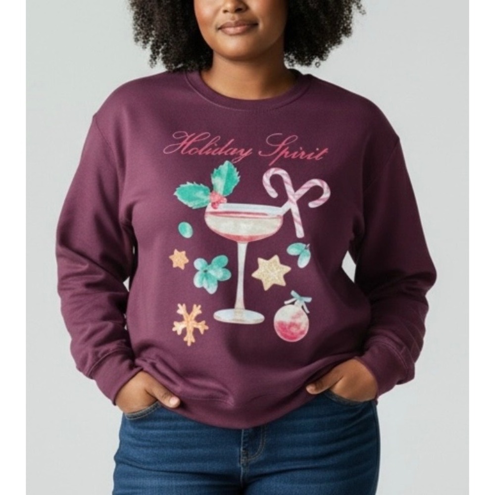 Christmas Holiday Spirit Burgandy Sweatshirt and Earrings Set Womens XL Top
